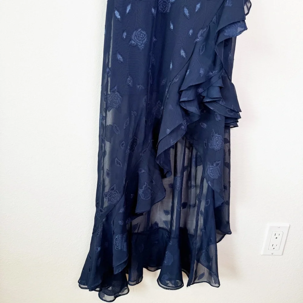 Lulus Forever‎ Be Navy Floral Jacquard Ruffled One Shoulder Maxi Dress XS